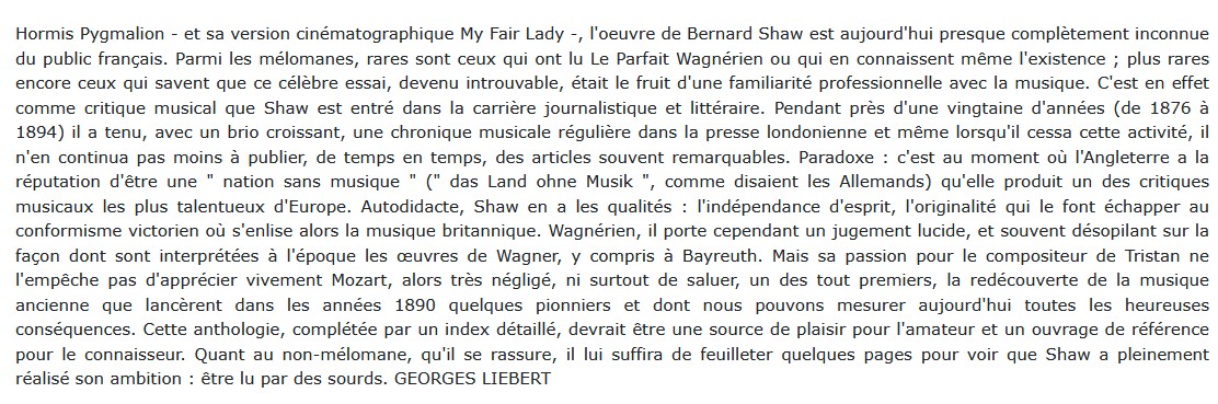 Ecrits sur la musique Bernard Shaw