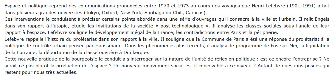 Espace et politique - Le droit à la ville II, Henri Lefebvre