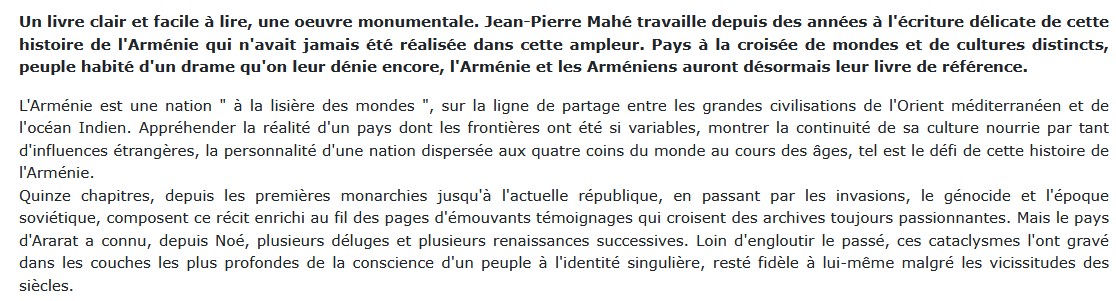 Histoire de l'Arménie Annie et Jean-Pierre Mahe