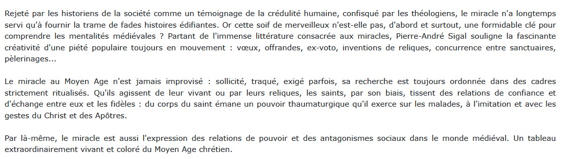 L'Homme et le miracle dans la France médiévale, Pierre André Sigal 