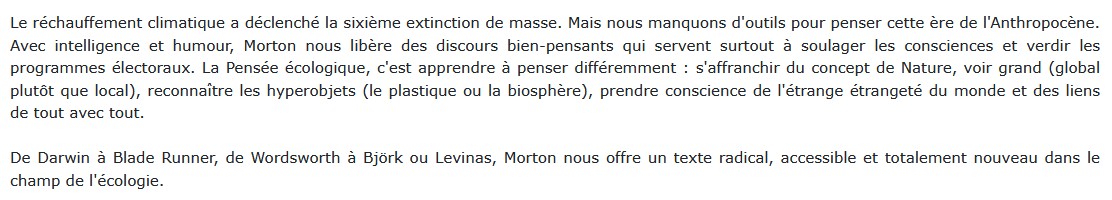 La pensée écologique, Timothy Morton 