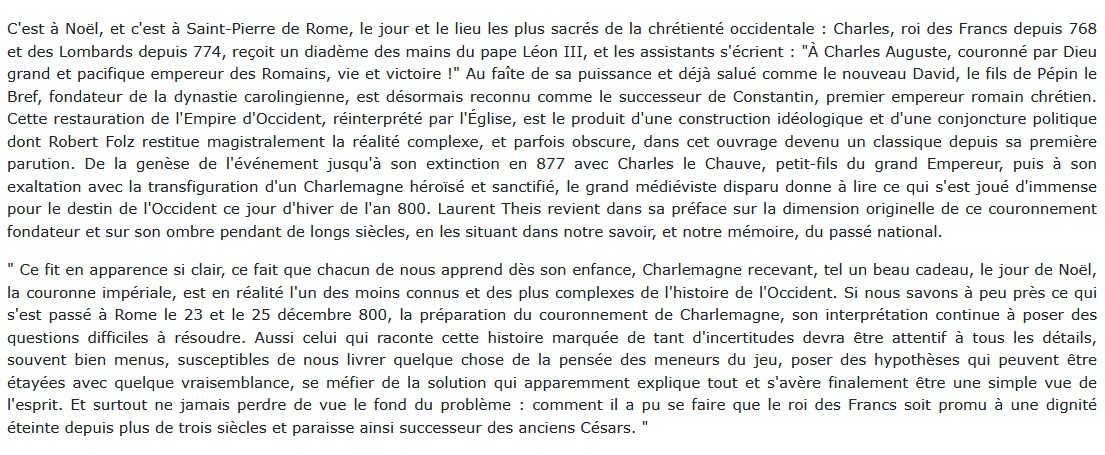 Le couronnement impérial de Charlemagne 25 décembre 800