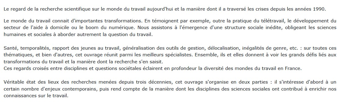 Le travail et la société française,  Thierry Berthet et Delphine Mercier 
