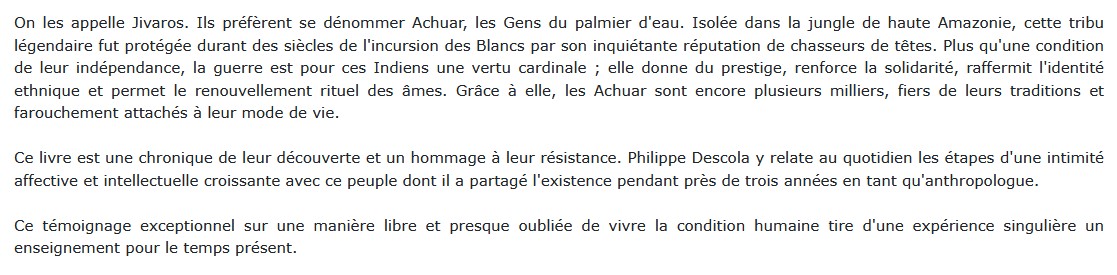 Les lances du crépuscule, Philippe Descola