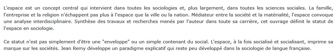 L'espace un objet central de la sociologie, Jean Remy