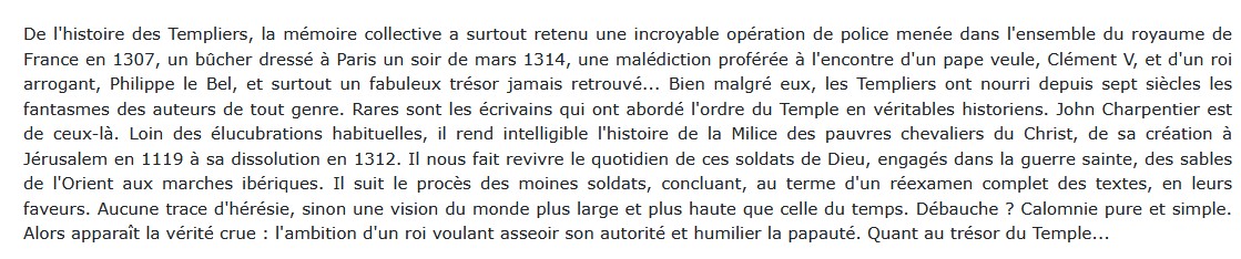 L'ordre des templiers, John Charpentier 