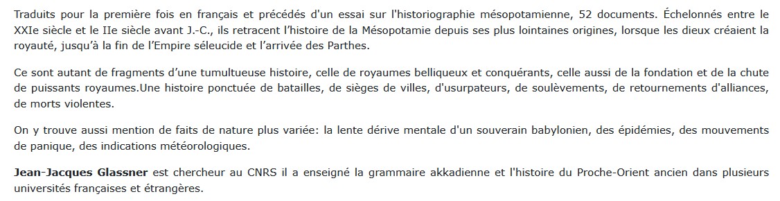 Chroniques mésopotamiennes, Jean-Jacques Glassner