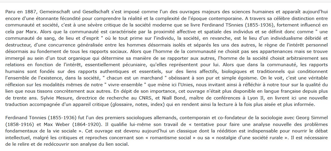 Communauté et société, Ferdinand Tönnies