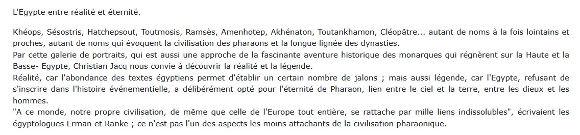 L'Égypte des grands pharaons l'histoire et la légende, Christian Jacq 
