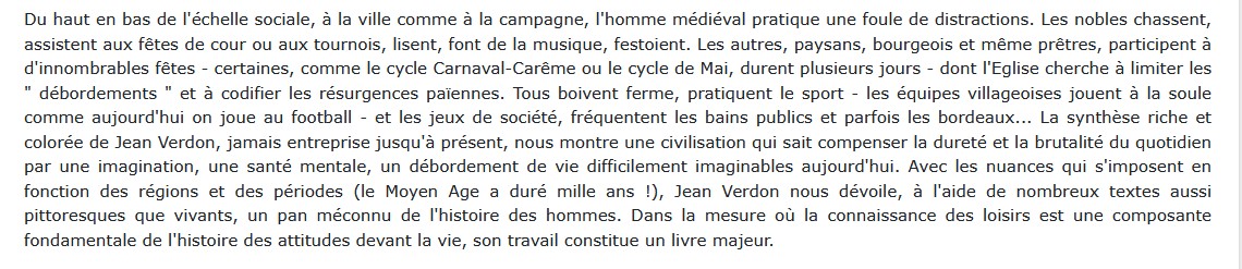 Les loisirs au Moyen Age, Jean Verdon