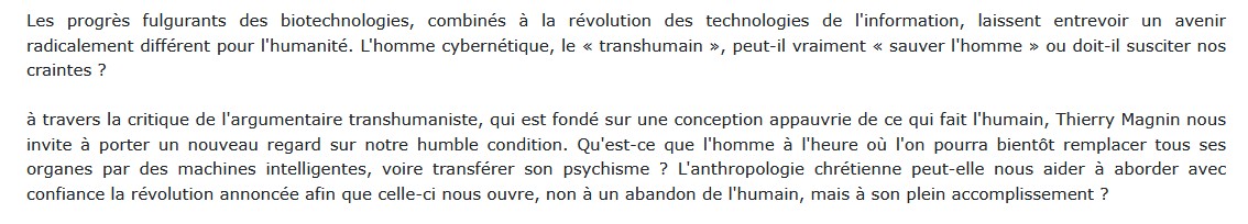 Penser l'humain au temps de l'homme augmenté, Thierry Magnin