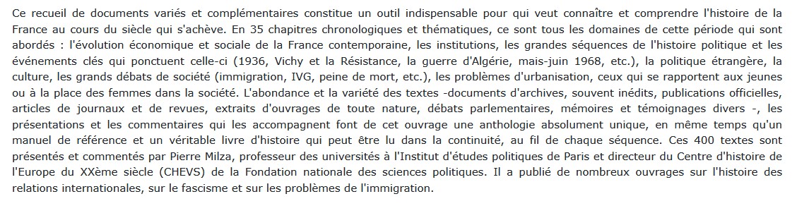 Sources de la France du XXe siècle Pierre Milza