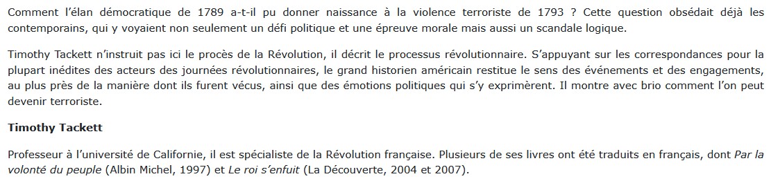 Anatomie de la Terreur, Timothy Tackett 