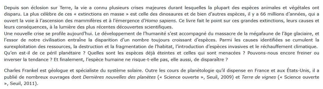 Extinctions - Du dinosaure à l'homme, Charles Frankel 