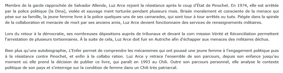 L'Enfer. Terreur et survie sous Pinochet, Luz Arce