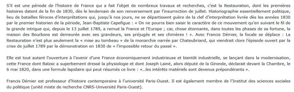 La France de la Restauration (1814-1830), Francis Démier 