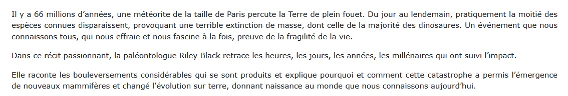 Les derniers jours des dinosaures, Riley Black