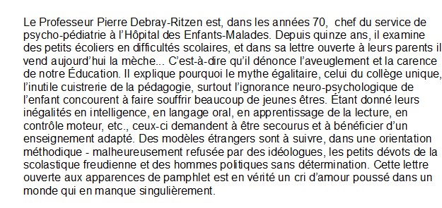 Lettre ouverte aux parents des petits écoliers, Pierre Debray-Ritzen 