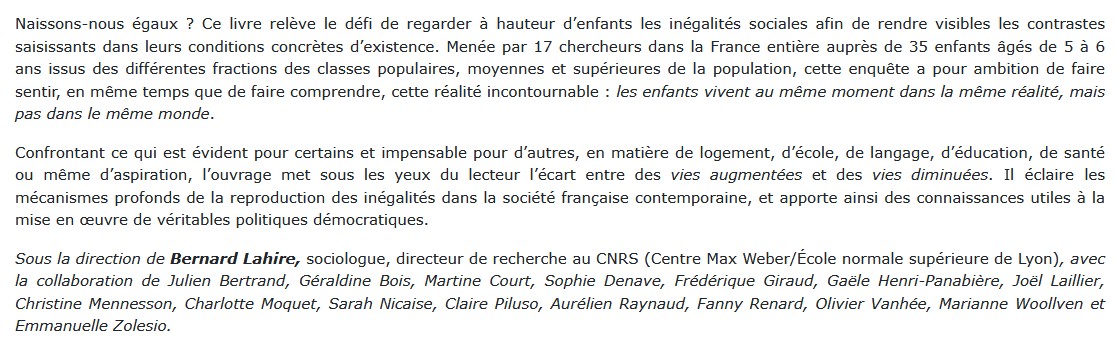 Enfances de classe - De l'inégalité parmi les enfants, Bernard Lahire 