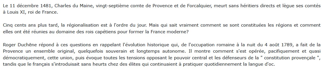 La Provence devient française  (536-1789), Roger Duchêne 