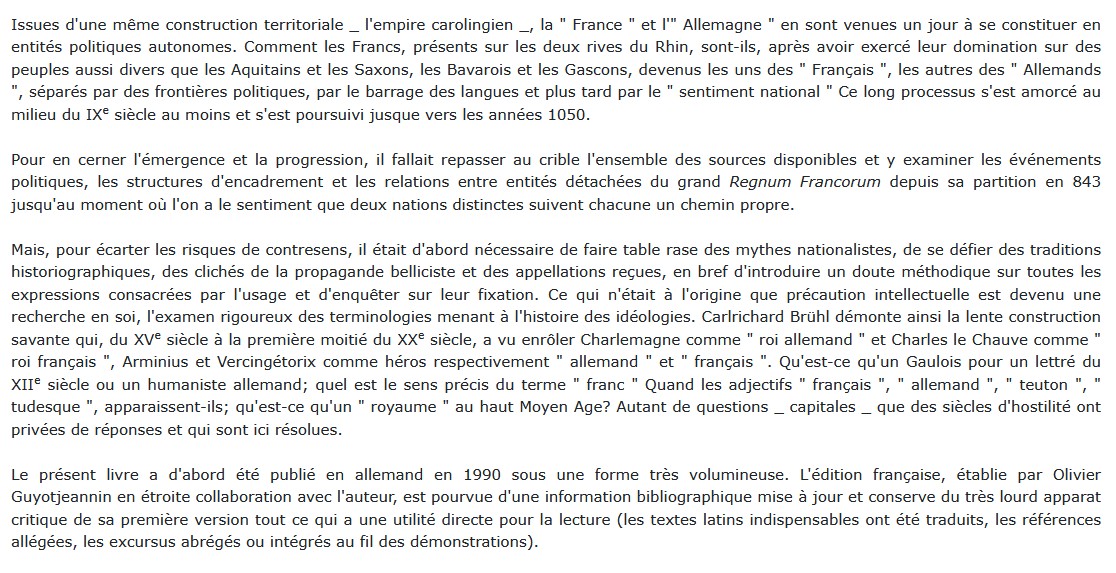 Français et Allemands (IXe-XIe siècle), Carlrichard Brühl 