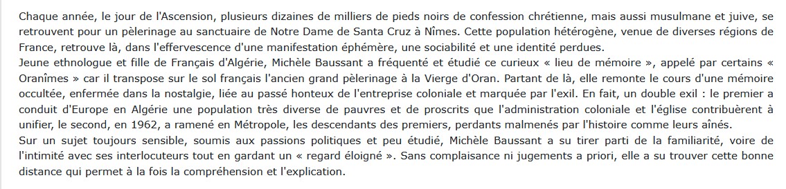 Pieds noirs - Mémoires d'exil, Michèle Baussant 