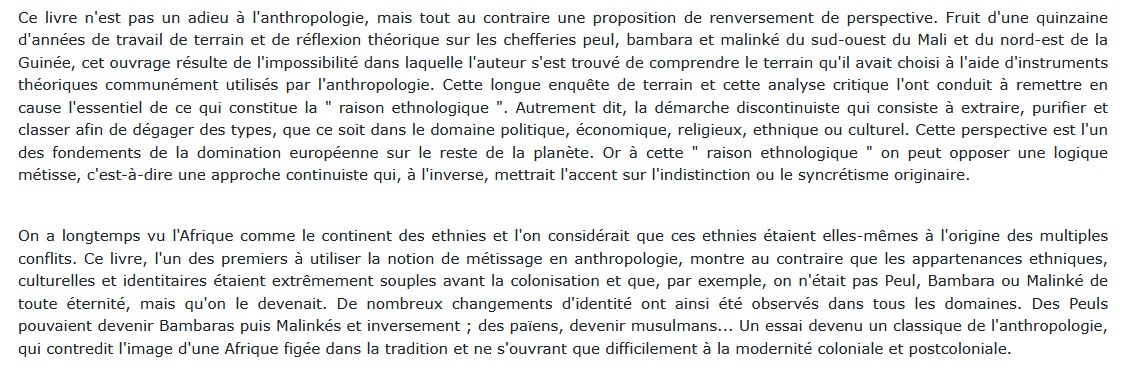Logiques métisses, Jean-Loup Amselle