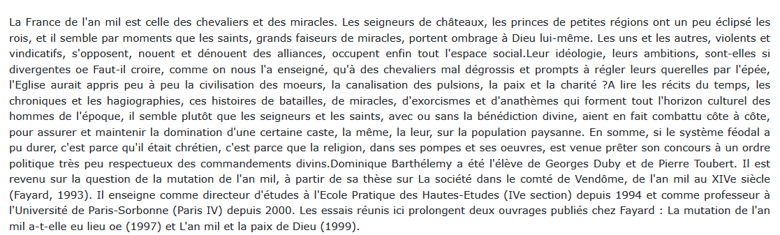 Chevaliers et miracles, Dominique Barthélemy