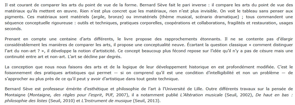 Les Matériaux de l'art, Bernard Sève 