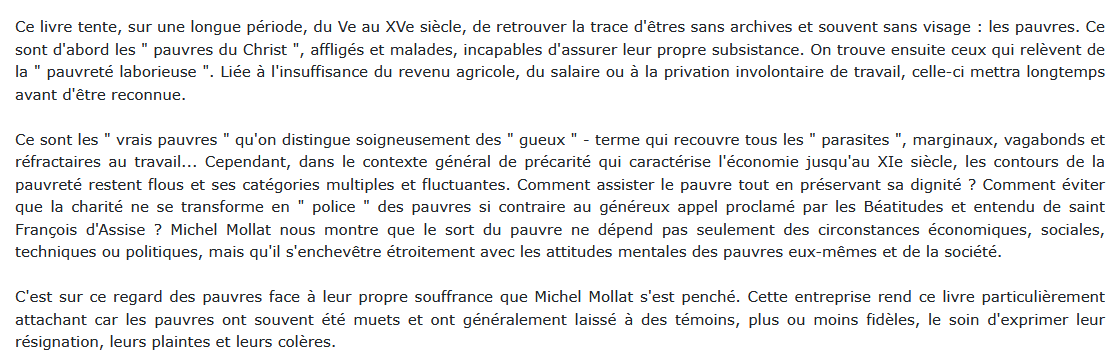 Les Pauvres au Moyen Age, Michel Mollat 