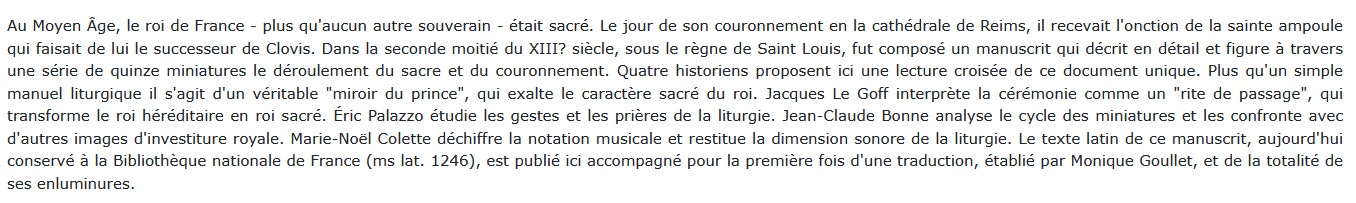 Le Sacre royal à l'époque de Saint Louis, Jean-Claude Bonne, Jacques Le Goff,